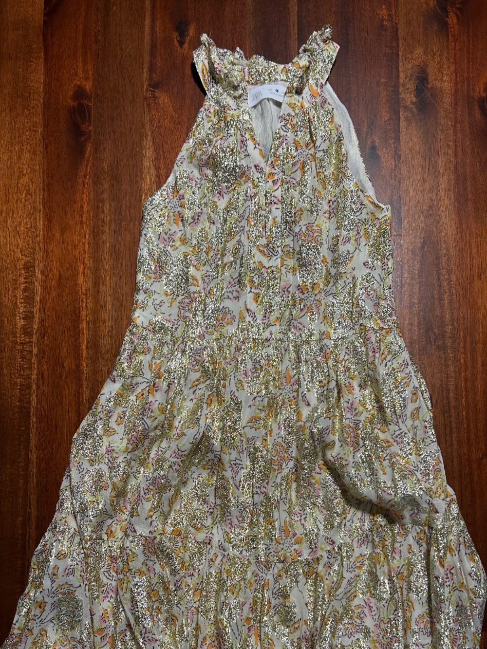Zara Girls Gold Metallic Floral Brocade Dress Size 6 | Holiday Party Tiered Flar